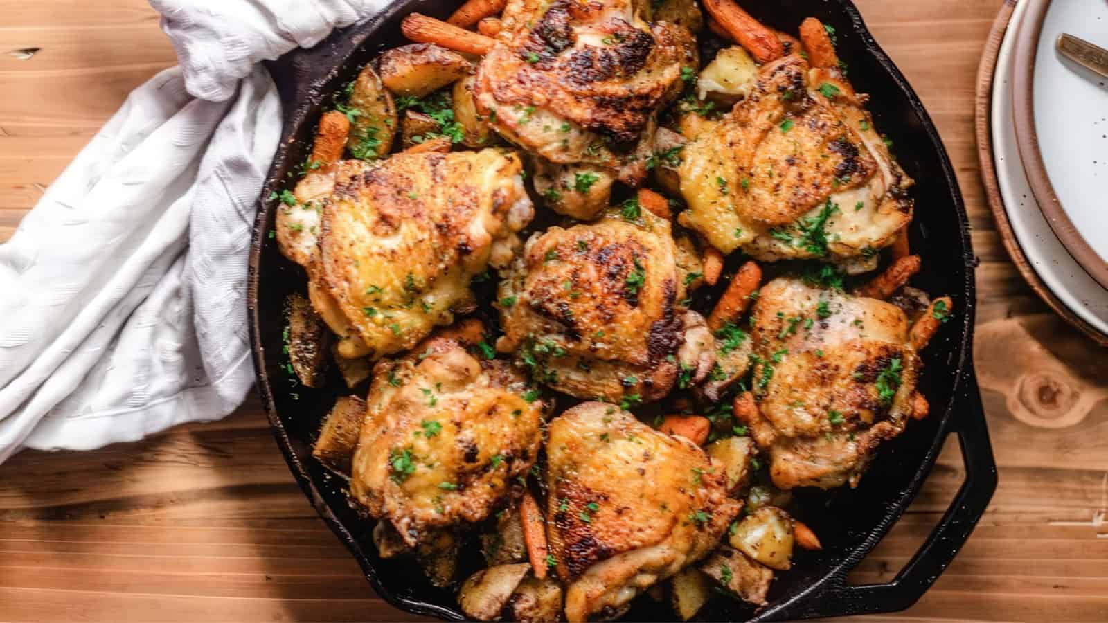 A cast iron skillet filled with roasted chicken thighs, carrots, and potatoes. The chicken is golden brown and garnished with fresh herbs. A folded white cloth is draped over the skillet handle. A partial view of a set table is visible.
