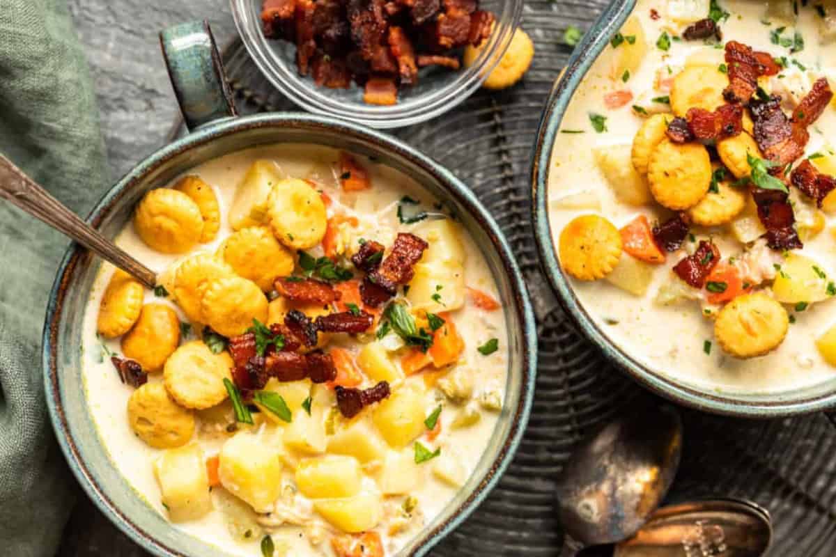 Two bowls of creamy soup topped with crispy bacon bits, oyster crackers, and chopped herbs. The soup contains chunks of potato and diced vegetables. A small bowl filled with extra crispy bacon bits and a green napkin are visible alongside the bowls. Two spoons rest nearby.