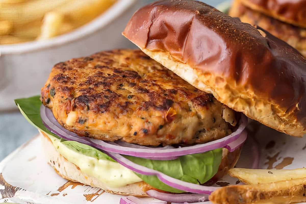 Tasty Chicken Burger Recipe with Feta and Sun-Dried Tomato on display
