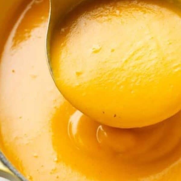 A metal ladle lifts creamy orange soup from a yellow pot.