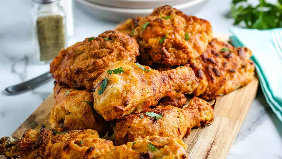 A wooden board with crispy fried chicken garnished with parsley on a marble surface near a jar of seasoning and stacked plates.