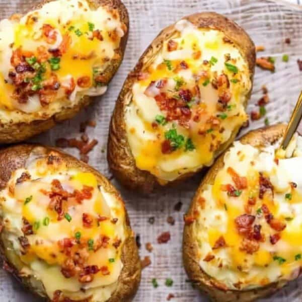 Four baked potatoes stuffed with mashed potato, melted cheese, bacon bits, and chopped chives on a plate with a gold fork.