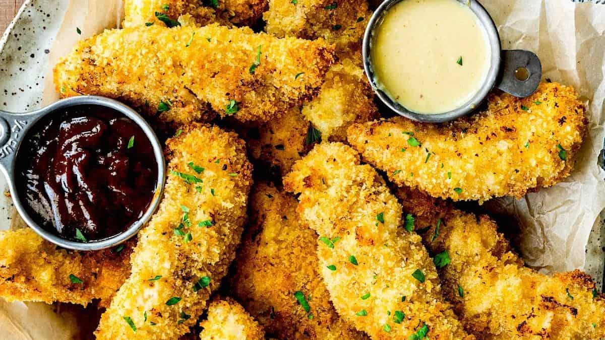 A pile of crispy breaded chicken tenders with two small cups of dipping sauces—one dark, one light—on a parchment-lined plate.