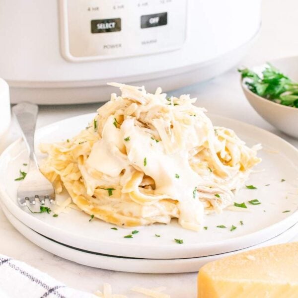 A plate of fettuccine Alfredo with shredded chicken and parsley in front of a slow cooker, with a fork, cheese, and parsley nearby.