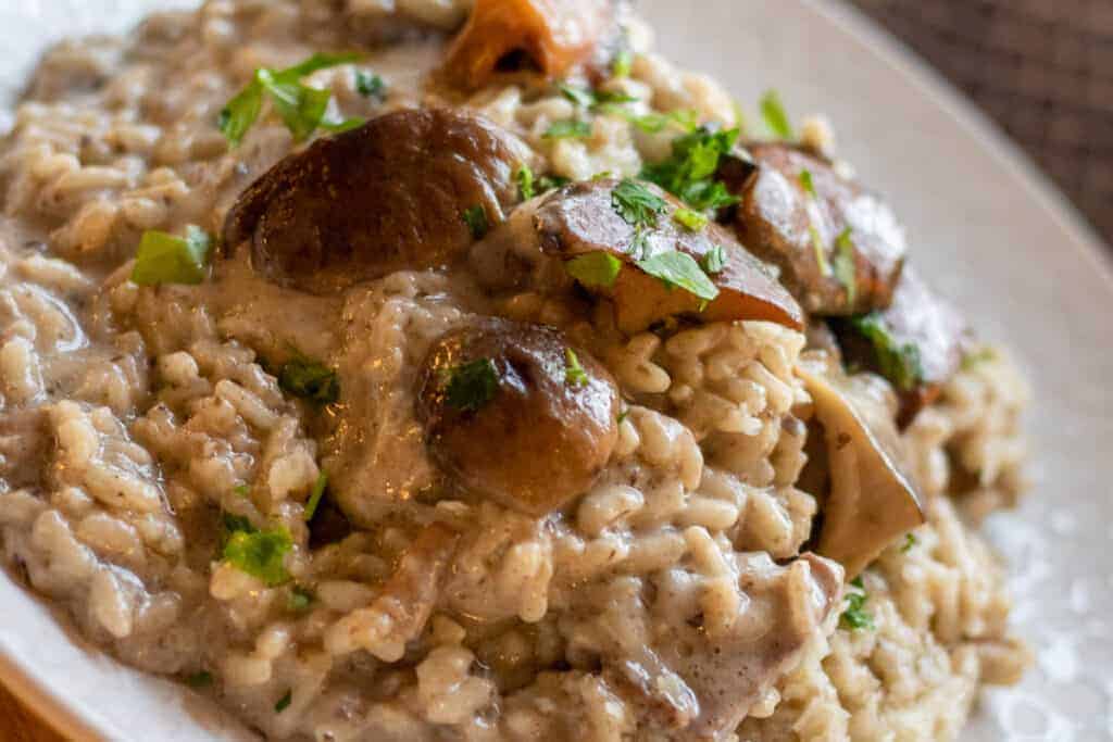 Creamy risotto with mushrooms, chopped parsley sprinkled on top, served on a white plate.