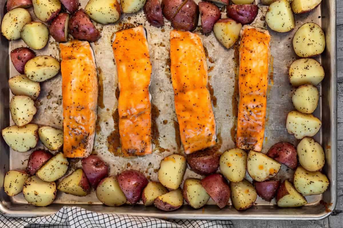 A beautifully presented photo of Maple Glazed Salmon and Potatoes