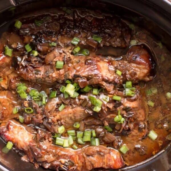 Braised meat covered in sauce, topped with fresh chopped green onions.