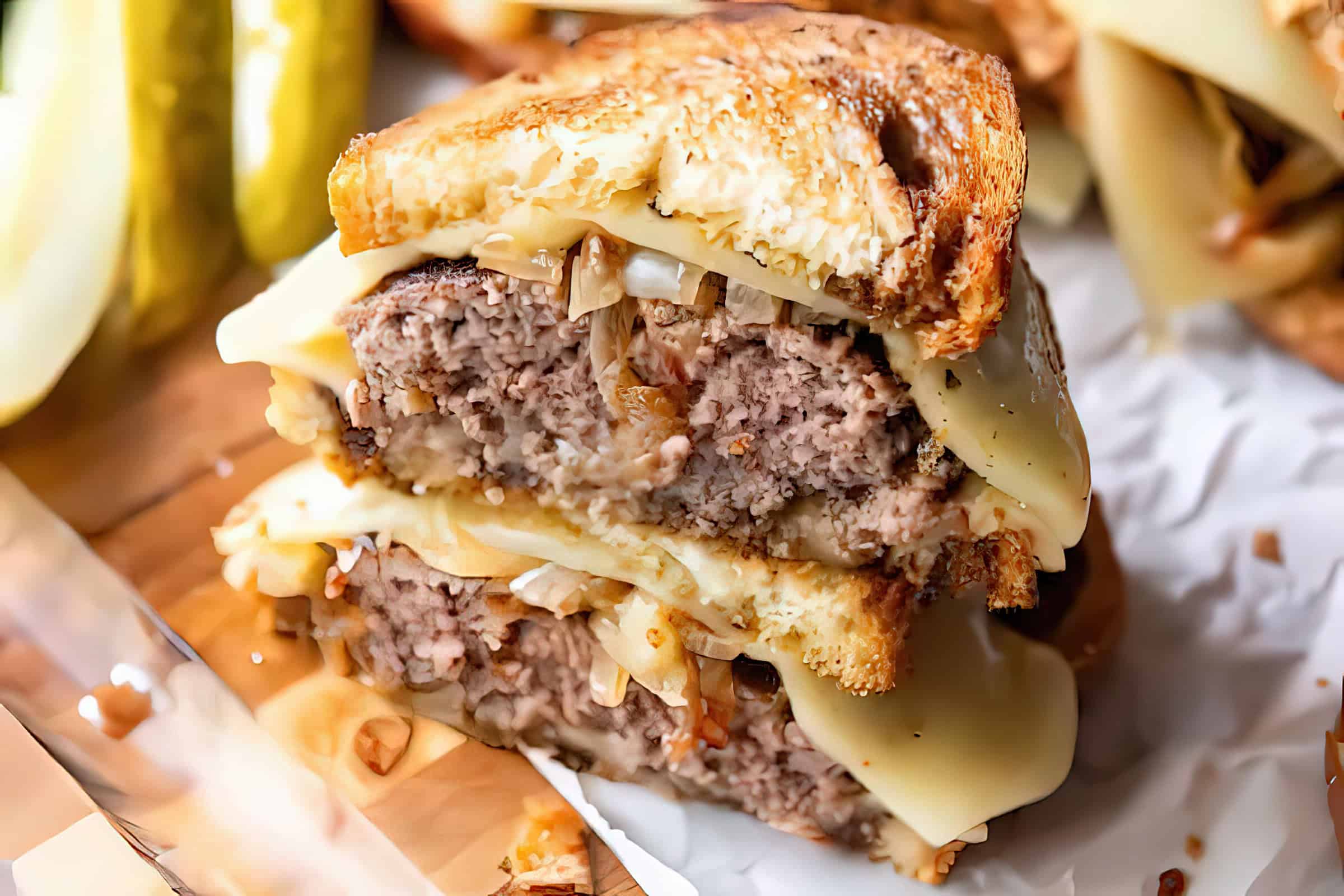 A close-up of a patty melt sandwich cut in half and stacked, showing layers of juicy ground beef patty, melted cheese, and caramelized onions between toasted bread slices. Surrounding the sandwich are pickle spears.