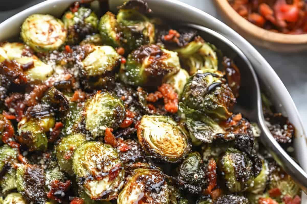 A close-up of roasted Brussels sprouts in a bowl, topped with crispy bacon bits and drizzled with balsamic glaze. A spoon rests in the dish, and a small bowl of diced red peppers is visible in the background.