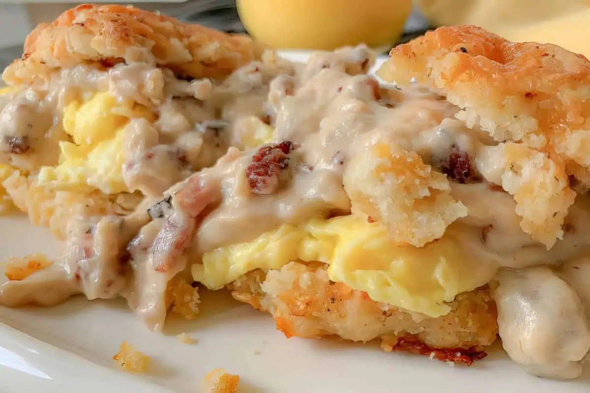 A close-up shot of a flaky biscuit sandwich filled with scrambled eggs and topped with creamy sausage gravy. The biscuit appears golden-brown and the gravy covers parts of the eggs and biscuit, with bits of sausage visible.
