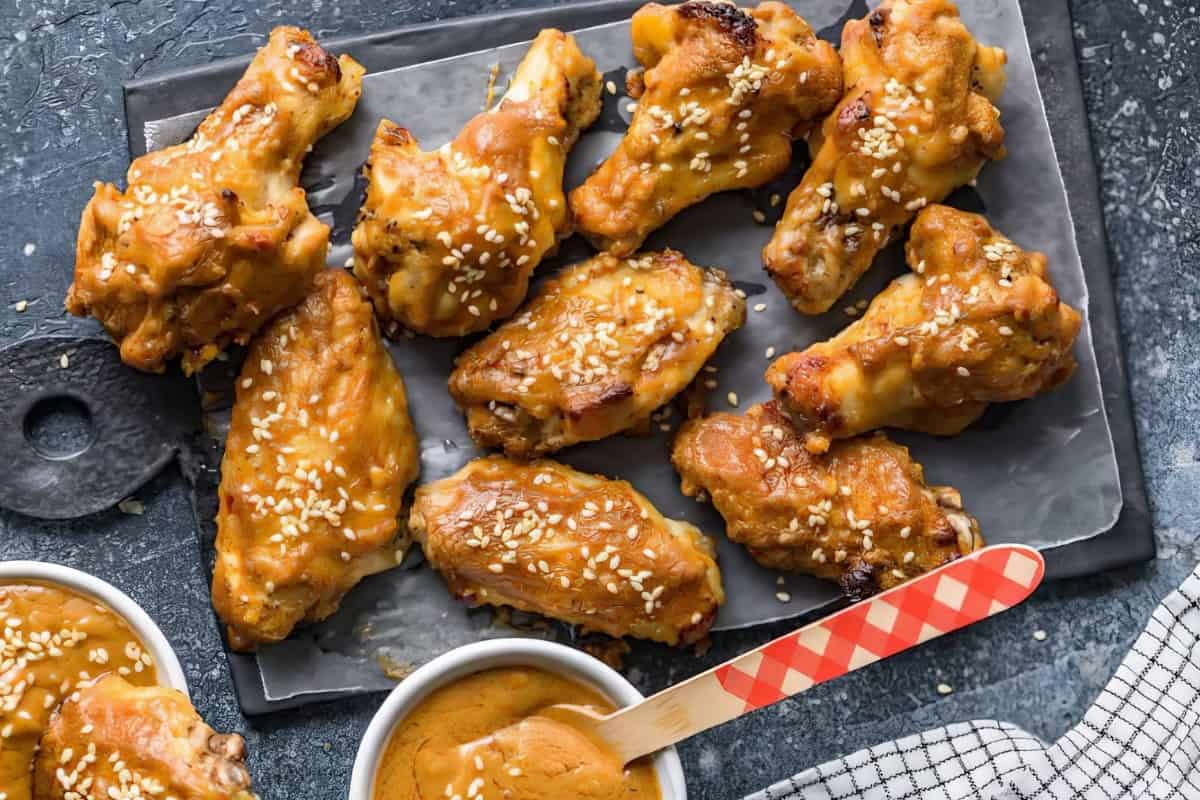 Tasty Thai Chicken Wings with Spicy Peanut Sauce on display