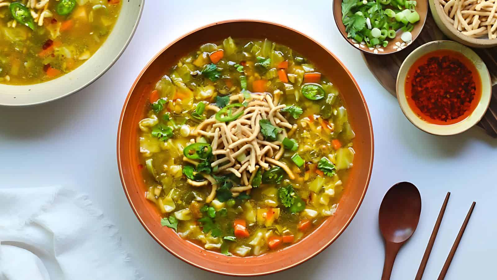 A bowl of vegetable soup topped with crispy noodles sits on a table surrounded by small bowls of sliced green onions and red pepper flakes. A wooden spoon and fork are placed nearby on a white surface.