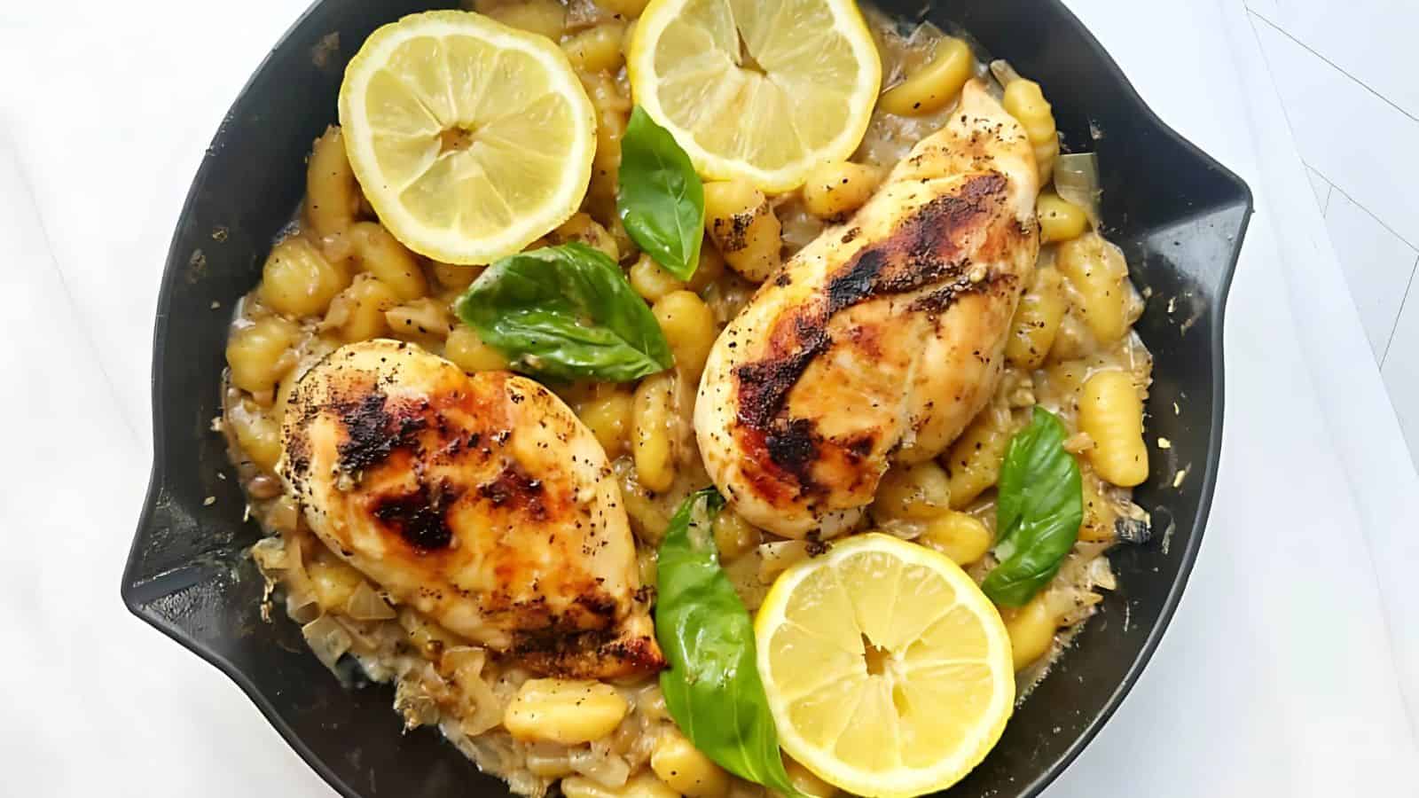A skillet filled with two grilled chicken breasts atop creamy gnocchi, garnished with fresh basil leaves and lemon slices.