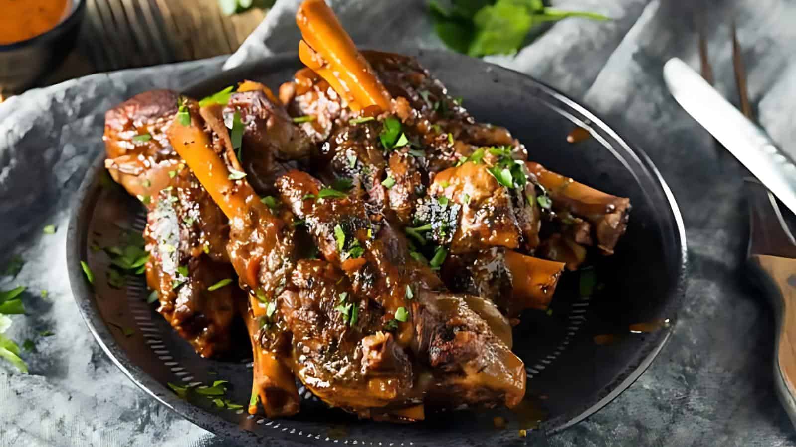 A plate with braised lamb shanks and chopped herbs.