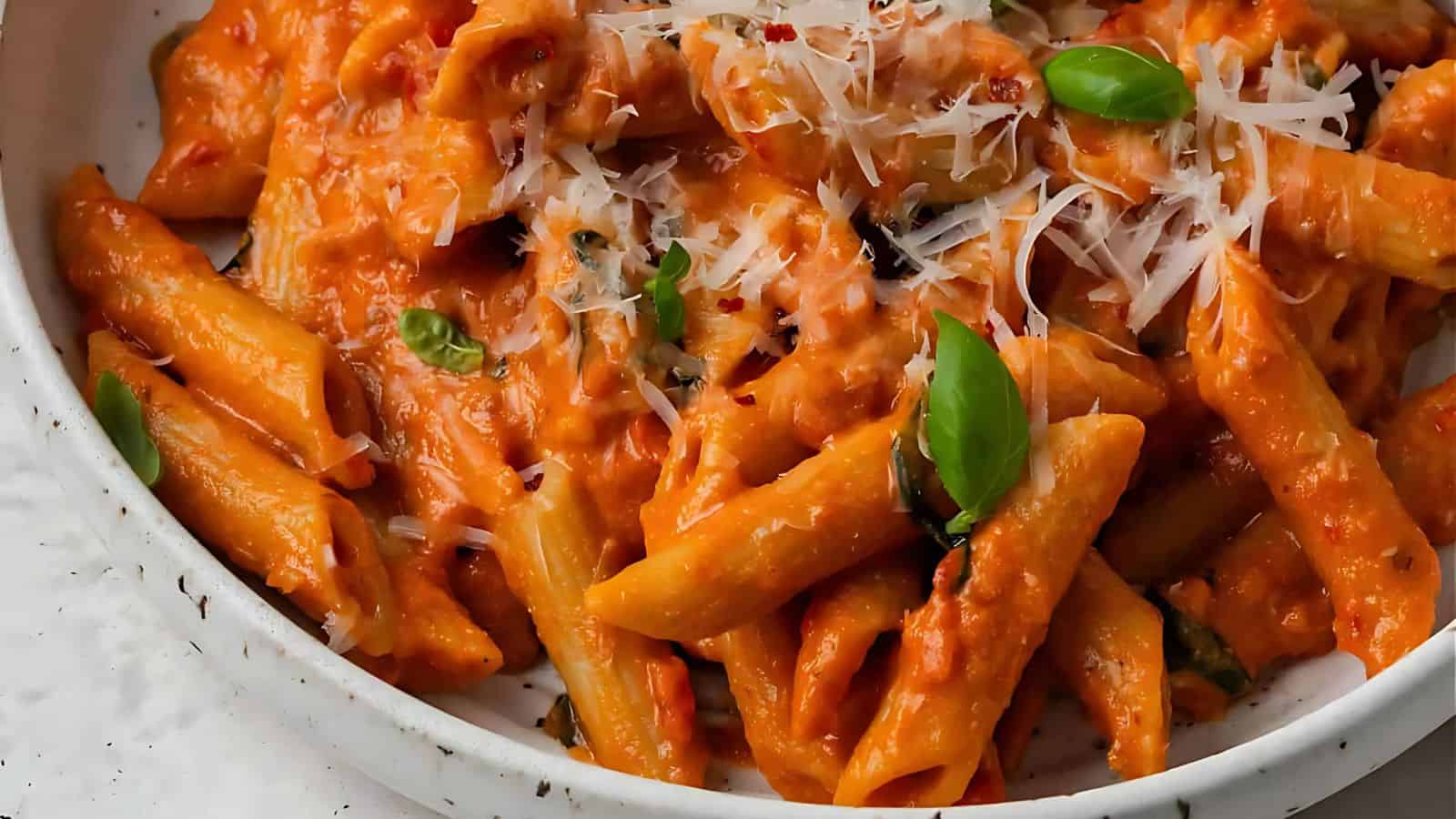 A close-up of a plate of penne pasta topped with a creamy tomato sauce, grated cheese, and fresh basil leaves. The dish has a rich, appetizing appearance.