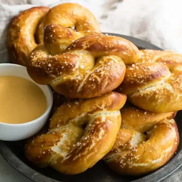 A plate of salted soft pretzels next to a bowl of cheese dipping sauce.