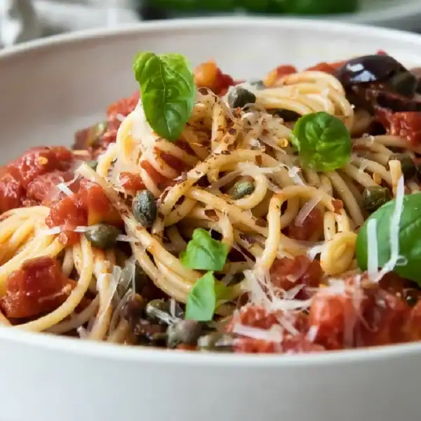 A bowl of spaghetti topped with tomato sauce, capers, grated cheese, and fresh basil leaves in a white dish.