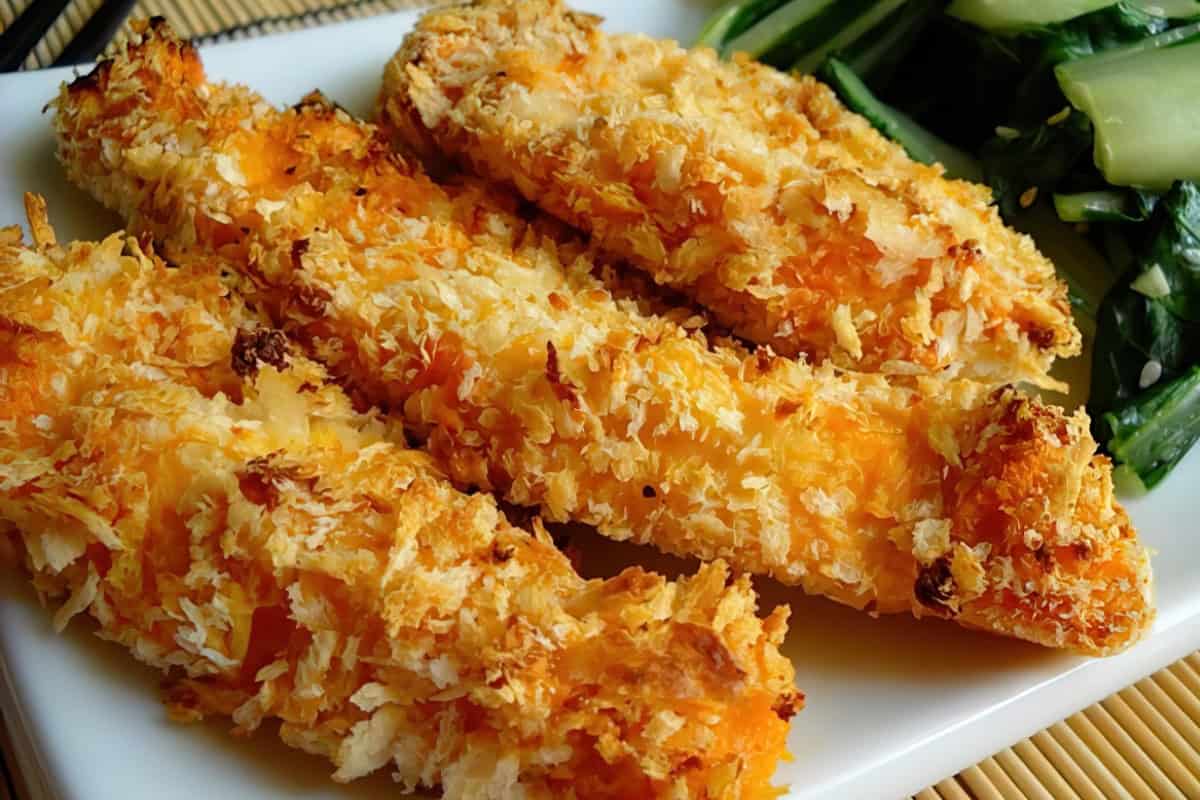 Sriracha flavored coated chicken strips.