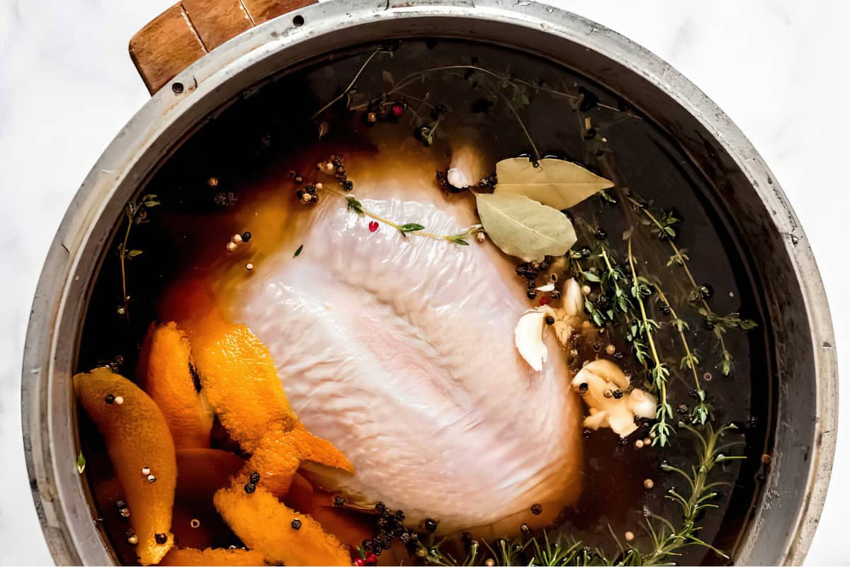 A raw turkey breast is submerged in a pot of brine with orange peels, garlic cloves, peppercorns, bay leaves, and sprigs of herbs, preparing for cooking or marinating.