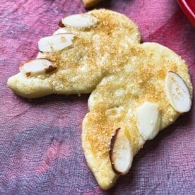 A wing-shaped cookie topped with sugar and almond slices is set against a red and gray fabric background.