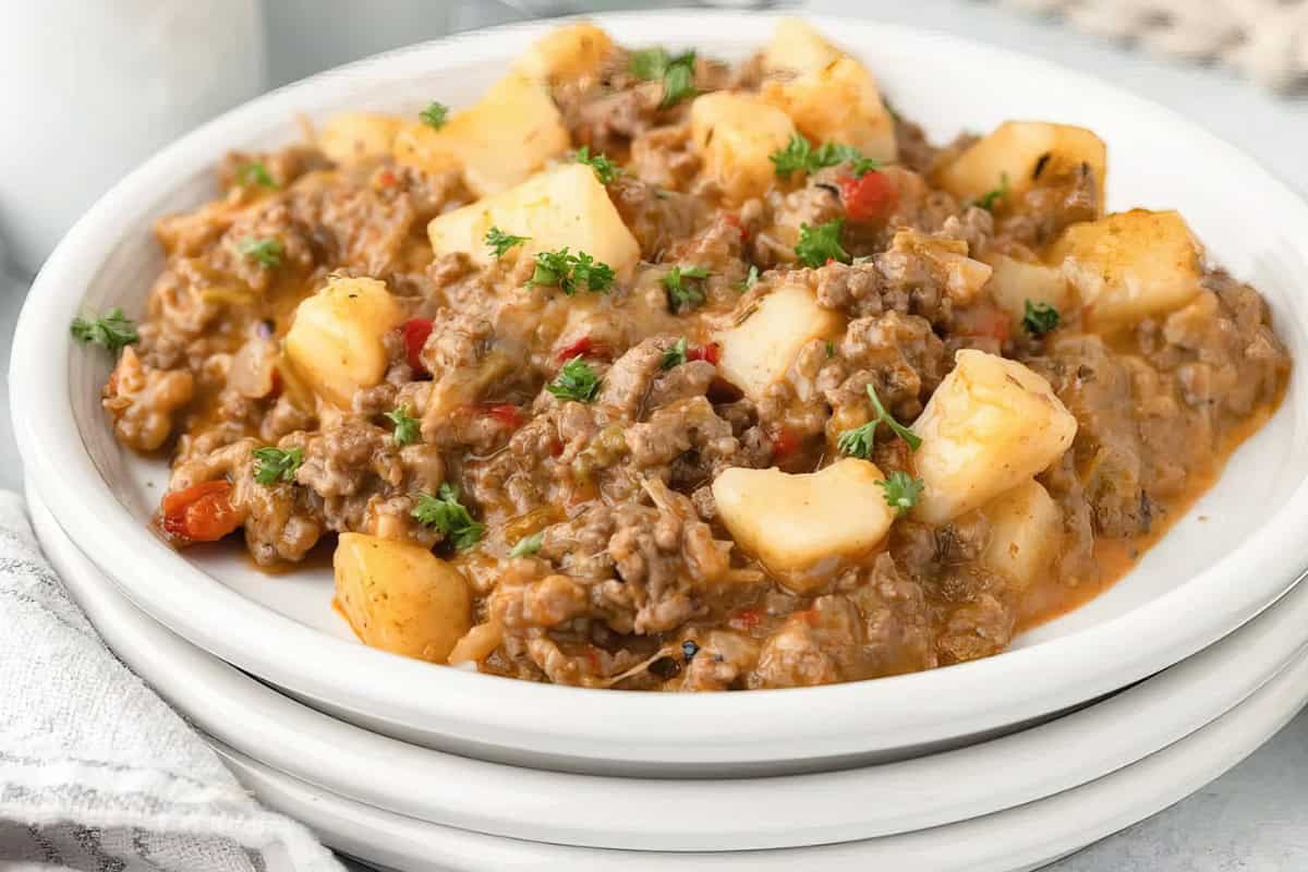 A hearty dish featuring diced potatoes and ground meat, garnished with chopped parsley. The meal is served on a white plate, with visible bits of red and green vegetables mixed in, creating a colorful and appetizing presentation.