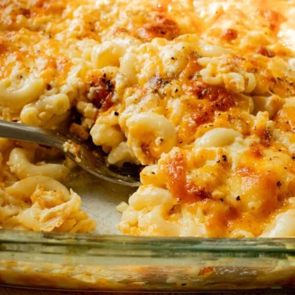 A glass baking dish filled with baked macaroni and cheese, with a spoon scooping out a serving.