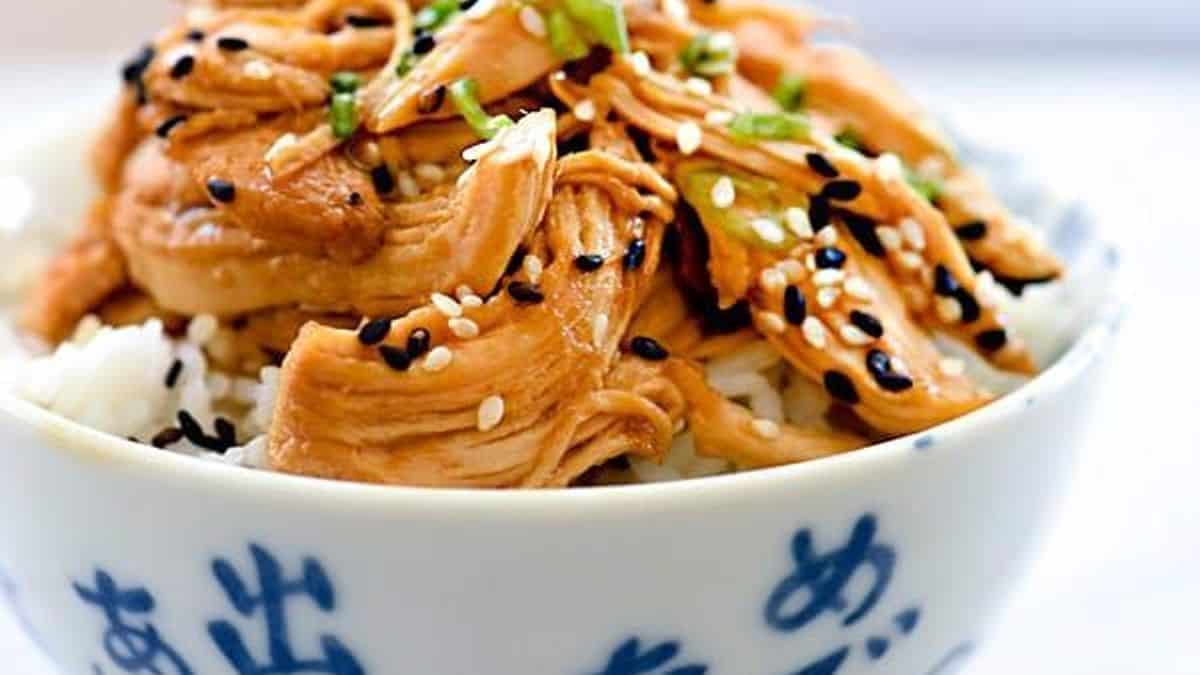 A patterned bowl filled with white rice, topped with shredded teriyaki chicken, sesame seeds, and chopped green onions.