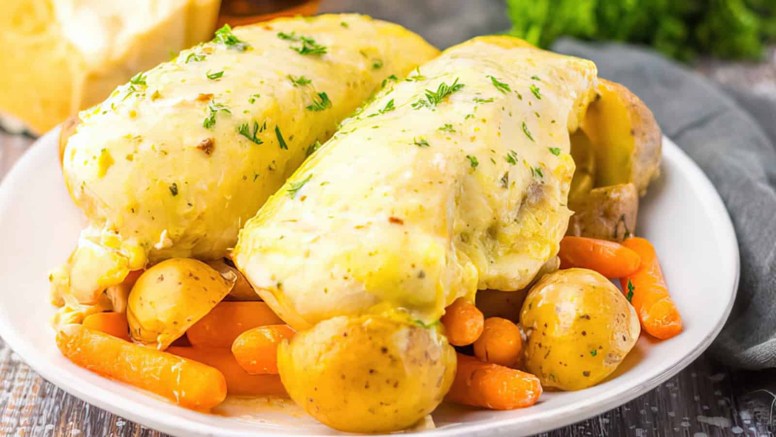 A plate with two cheese-covered chicken breasts garnished with herbs. Surrounded by baby potatoes and carrots. The background includes a partial view of chopped parsley and a piece of cheese.