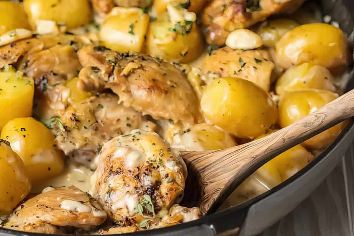 A skillet filled with cooked chicken thighs and small potatoes in a creamy sauce. The dish is garnished with herbs, and a wooden spoon is partially visible, ready to serve.