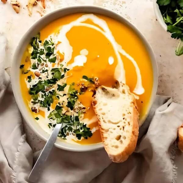 A bowl of orange soup garnished with herbs and cream, a slice of bread, two shallots, cilantro, and extra bread on a light surface.