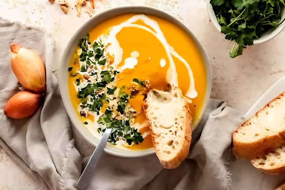 A bowl of creamy butternut squash soup garnished with herbs and cream, accompanied by slices of bread on a cloth napkin. Onions and a small dish of fresh herbs are nearby on the table.