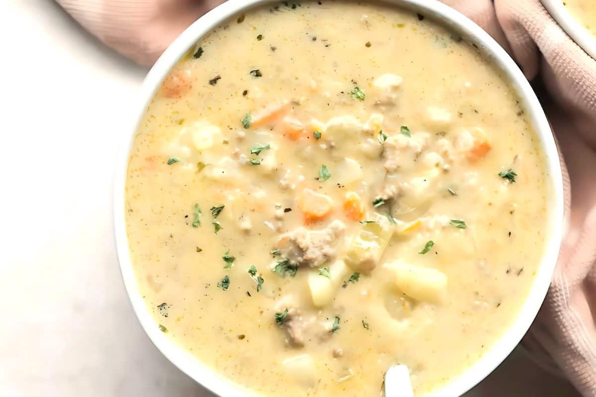 A creamy soup in a white bowl, containing chunks of vegetables and herbs, with visible pieces of meat. The soup is garnished with fresh herbs and a spoon is resting inside the bowl. A soft, pink cloth is partially visible next to the bowl.
