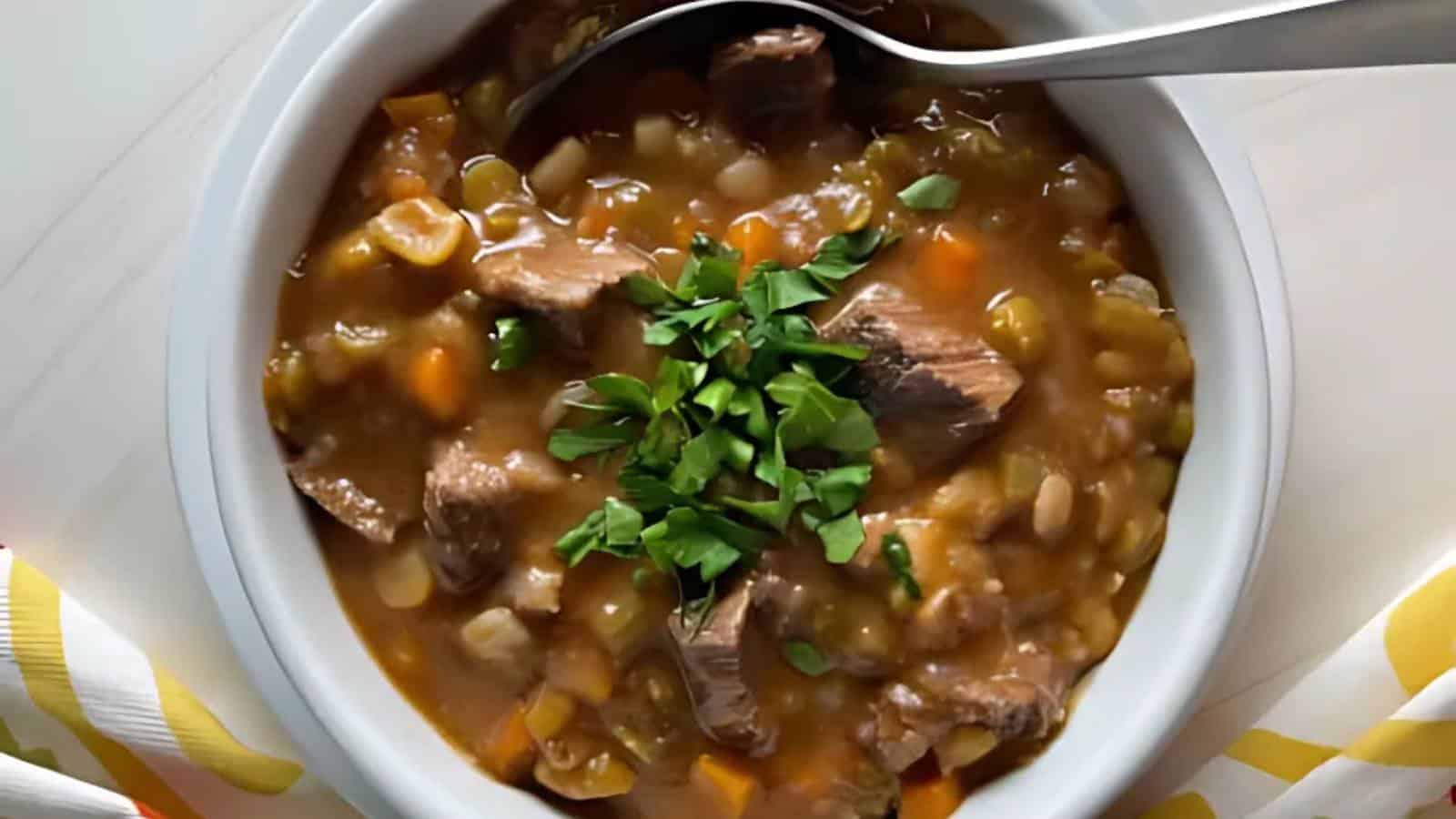 A bowl containing chunks of meat, vegetables, and a brown broth, garnished with chopped parsley, along with a spoon inside.