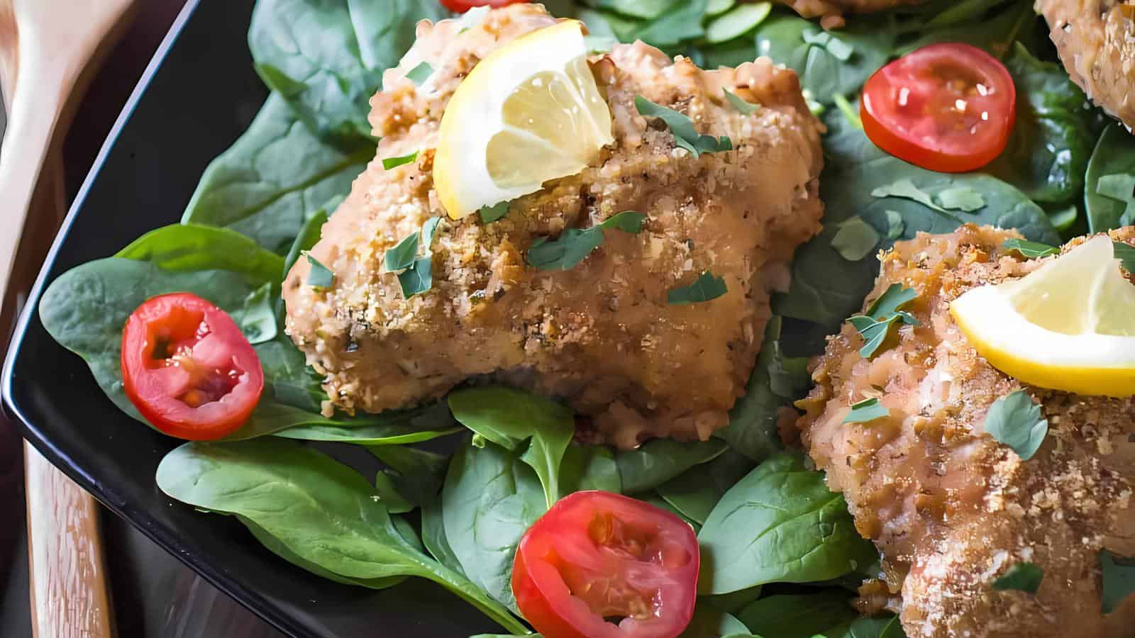 The image shows baked chicken pieces placed on a bed of spinach. They are topped with slices of lemon and surrounded by halved cherry tomatoes.