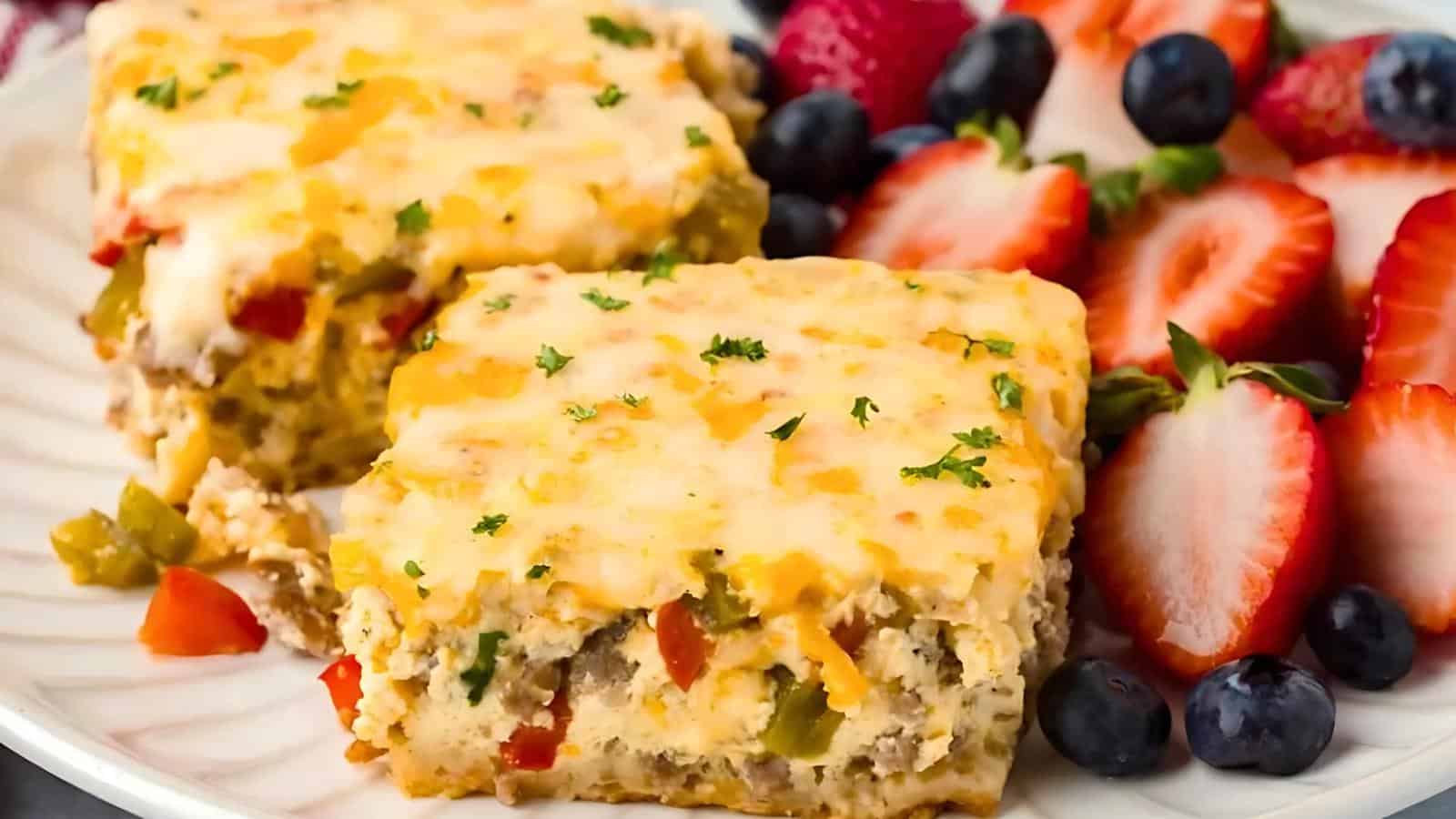 On a plate, two pieces of cheesy breakfast casserole with bell peppers are accompanied by sliced strawberries and blueberries.