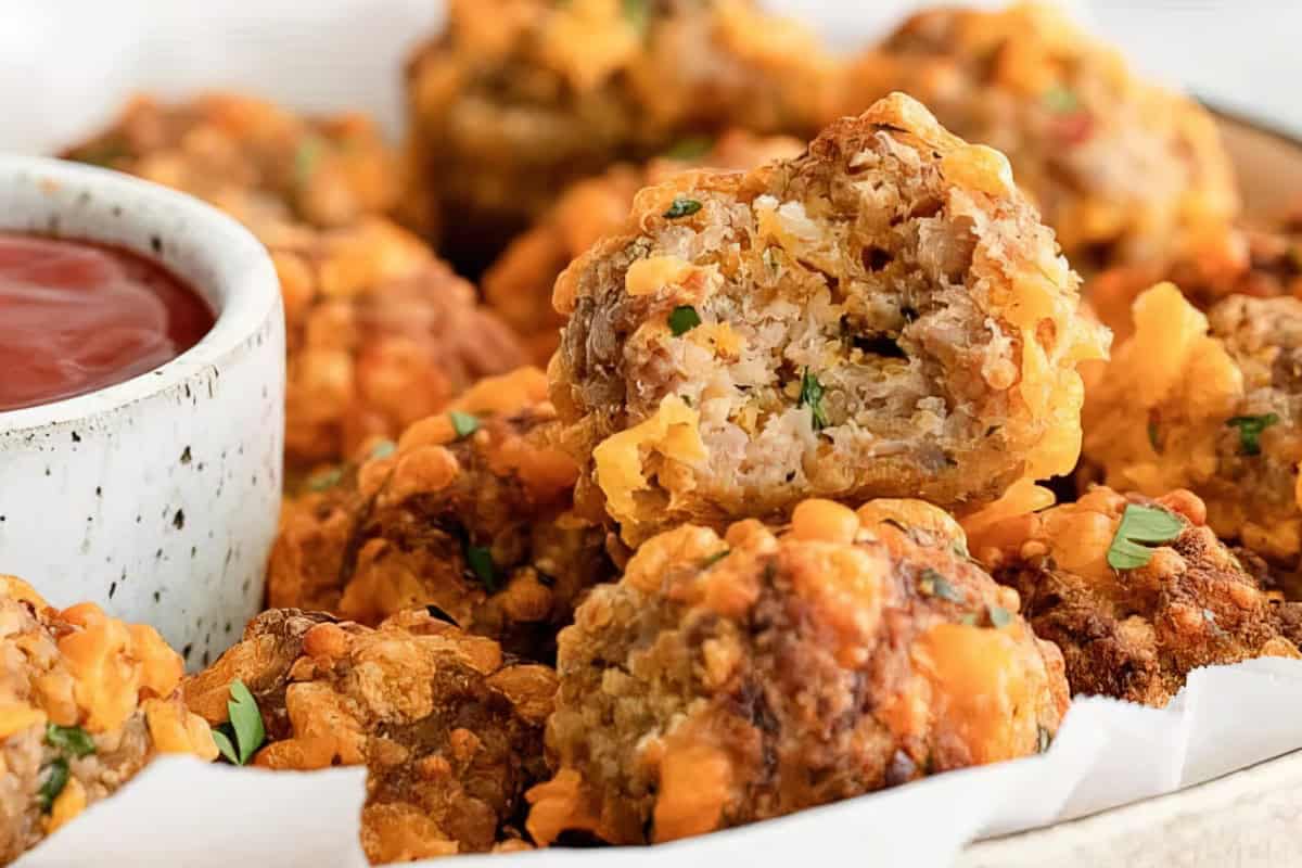Close-up of a plate of golden-brown sausage balls, some garnished with herbs. One ball is bitten, revealing a savory filling of sausage and cheese. A small ceramic dish filled with red dipping sauce is beside the balls.