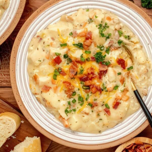 A bowl of creamy potato soup topped with shredded cheese, bacon bits, and fresh herbs, with a spoon and bread slices on the side.