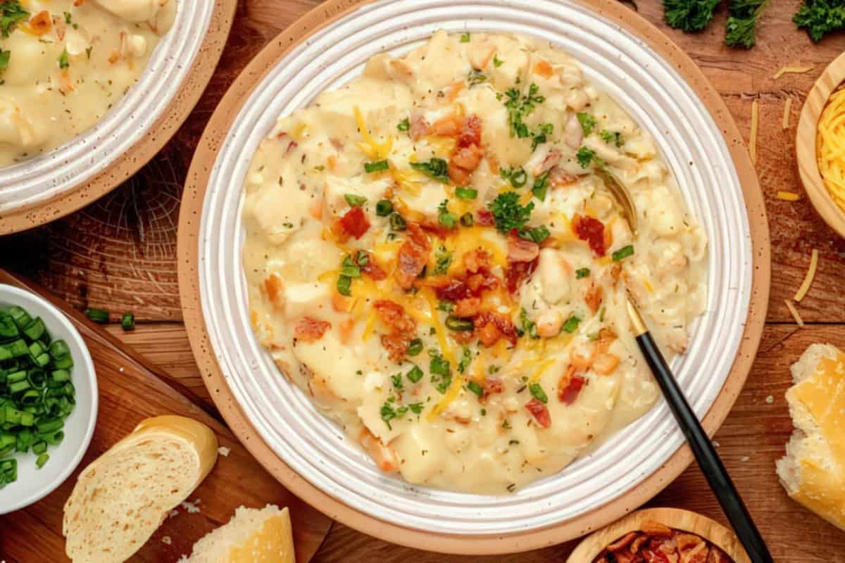 A creamy potato soup garnished with crispy bacon bits, shredded cheese, and chopped green onions, served in a white bowl with a spoon. Surrounding the bowl are slices of bread and small bowls of ingredients on a wooden table.