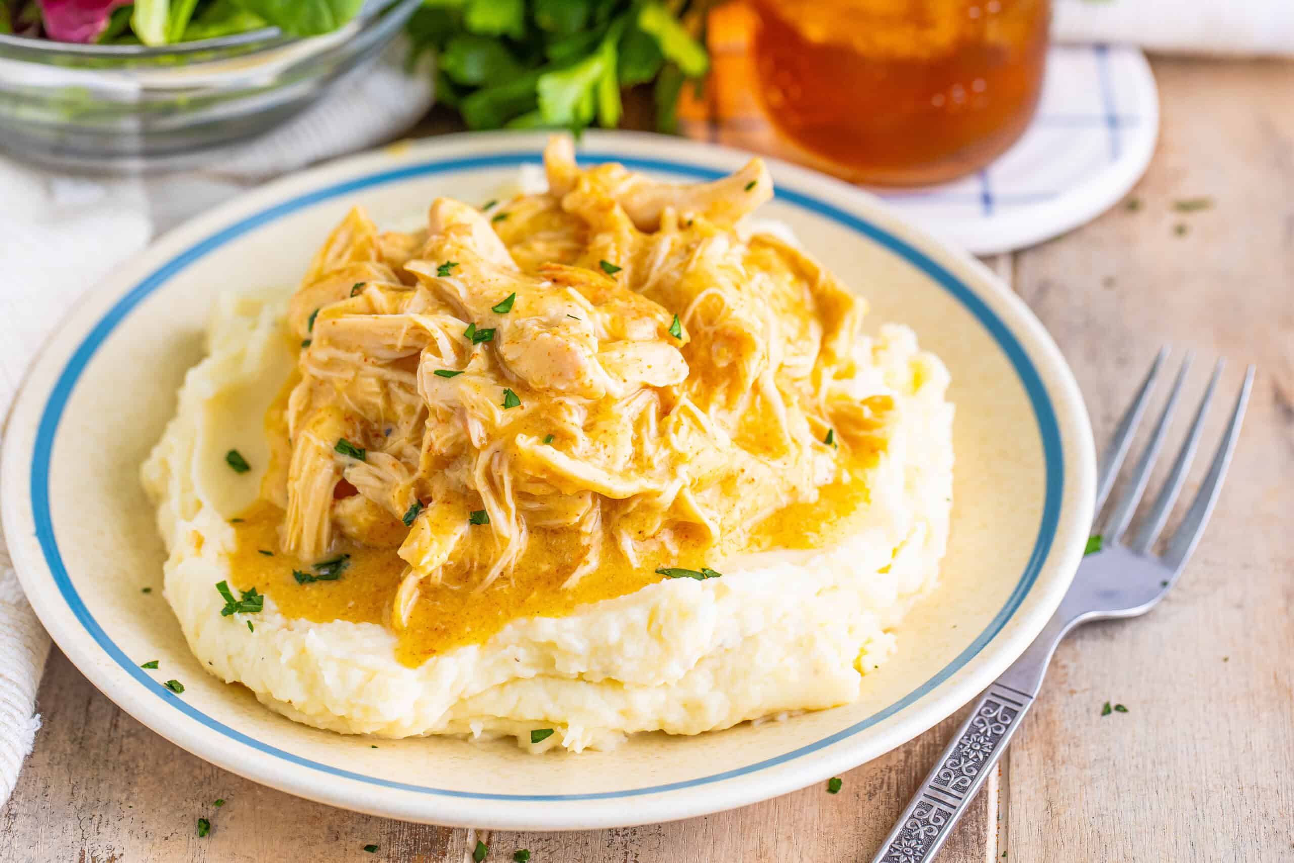 A plate of mashed potatoes topped with shredded chicken in a creamy sauce, garnished with herbs, with a fork placed beside the plate.