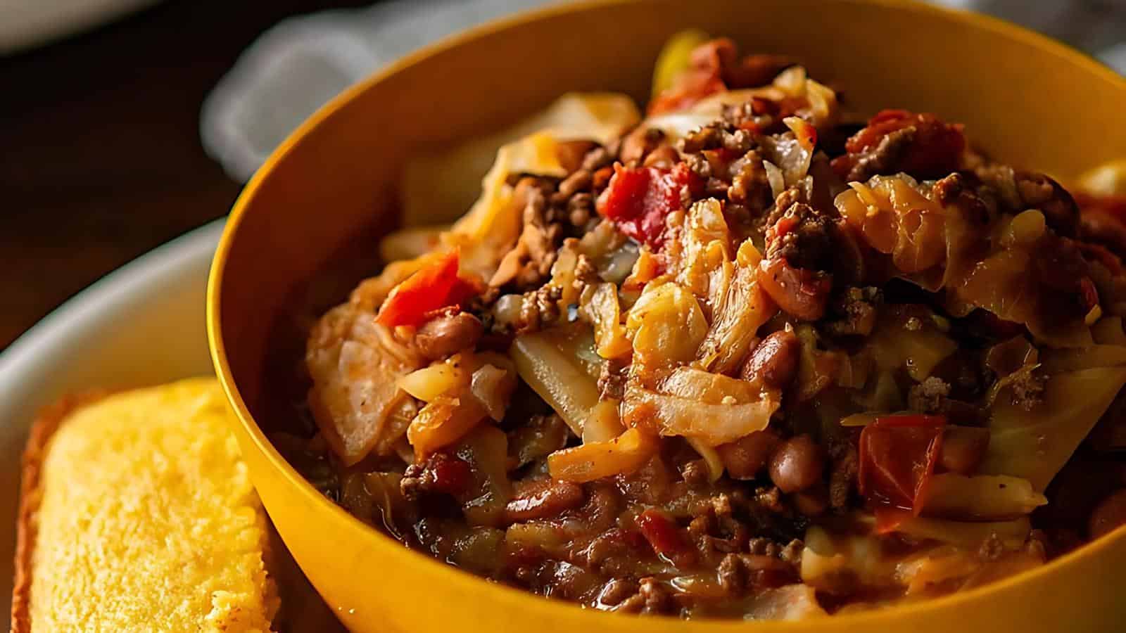 A bowl of soup containing cabbage, ground beef, and tomatoes alongside a piece of cornbread.