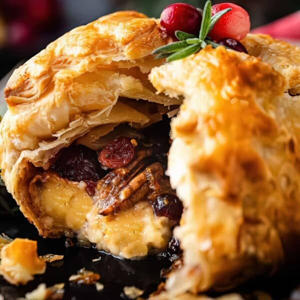 Brie wrapped in golden puff pastry with pecans and cranberries, garnished with rosemary on a dark serving tray.