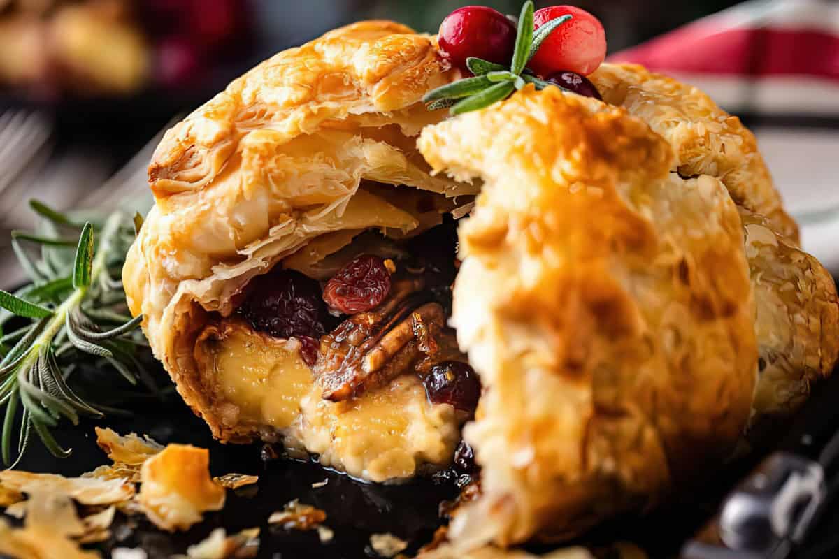 Close-up of a baked Brie encased in golden puff pastry, topped with cranberries and a sprig of rosemary. The pastry is partially cut open, revealing melted cheese mixed with nuts and dried fruits inside.