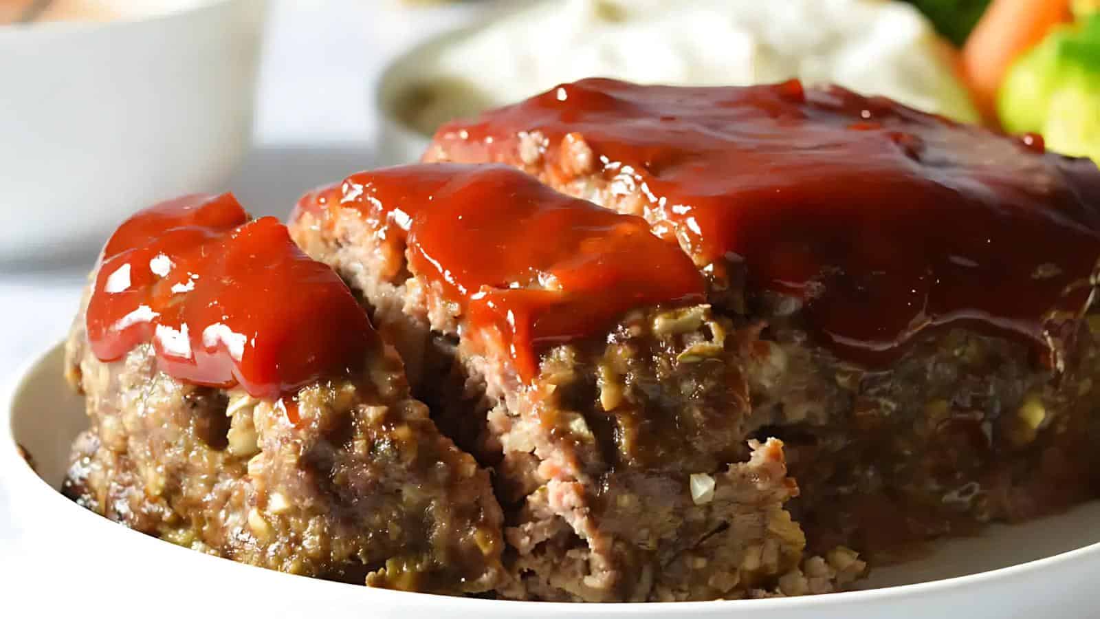 A sliced meatloaf topped with red sauce on a white plate.