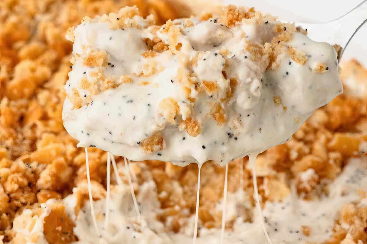 A spoonful of creamy cheese casserole topped with crispy breadcrumbs, featuring melted cheese strings and poppy seeds on a white background.