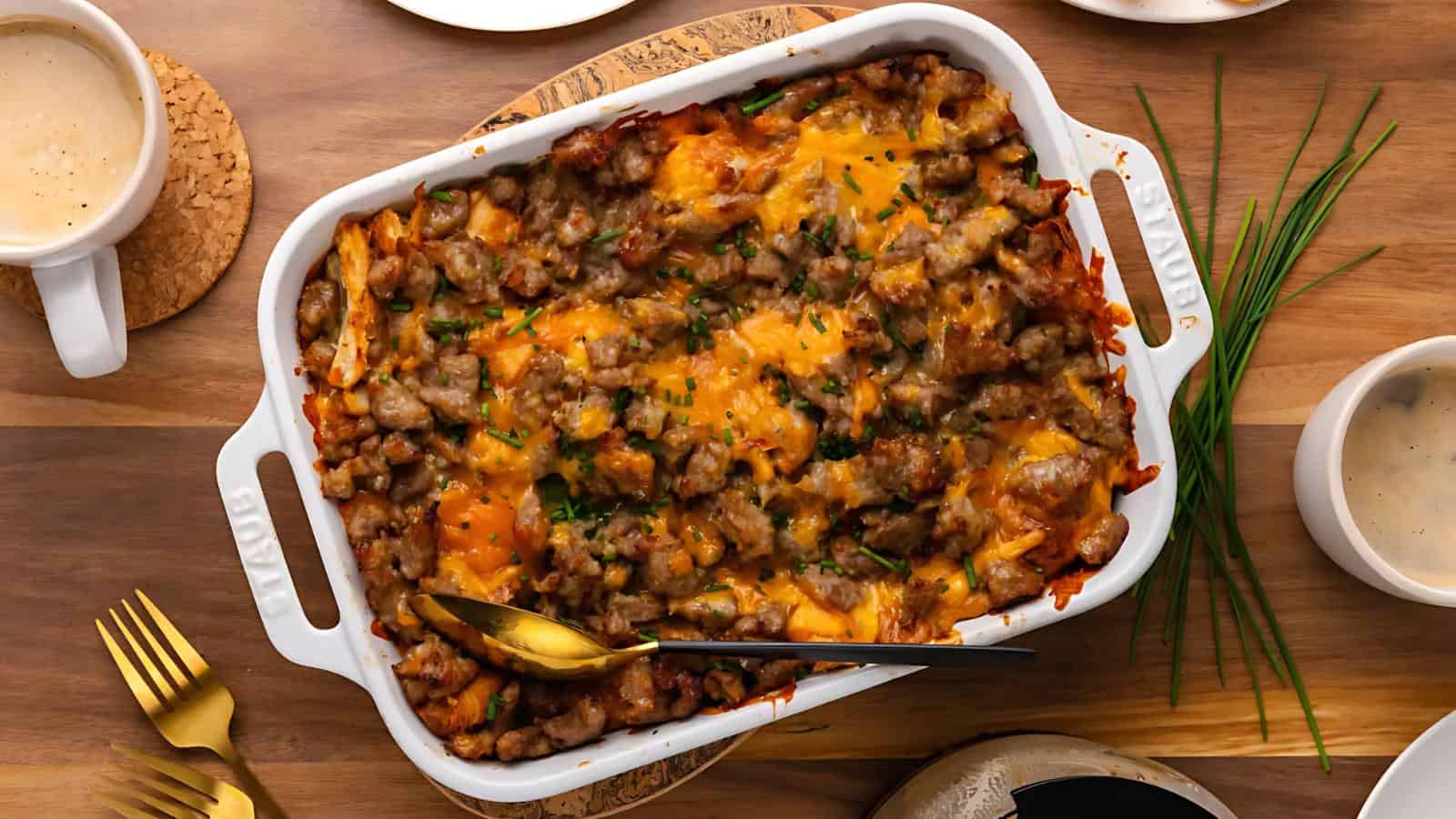 A baked casserole in a white dish topped with melted cheese and chopped chives is placed on a wooden table accompanied by a spoon, cups, and forks.