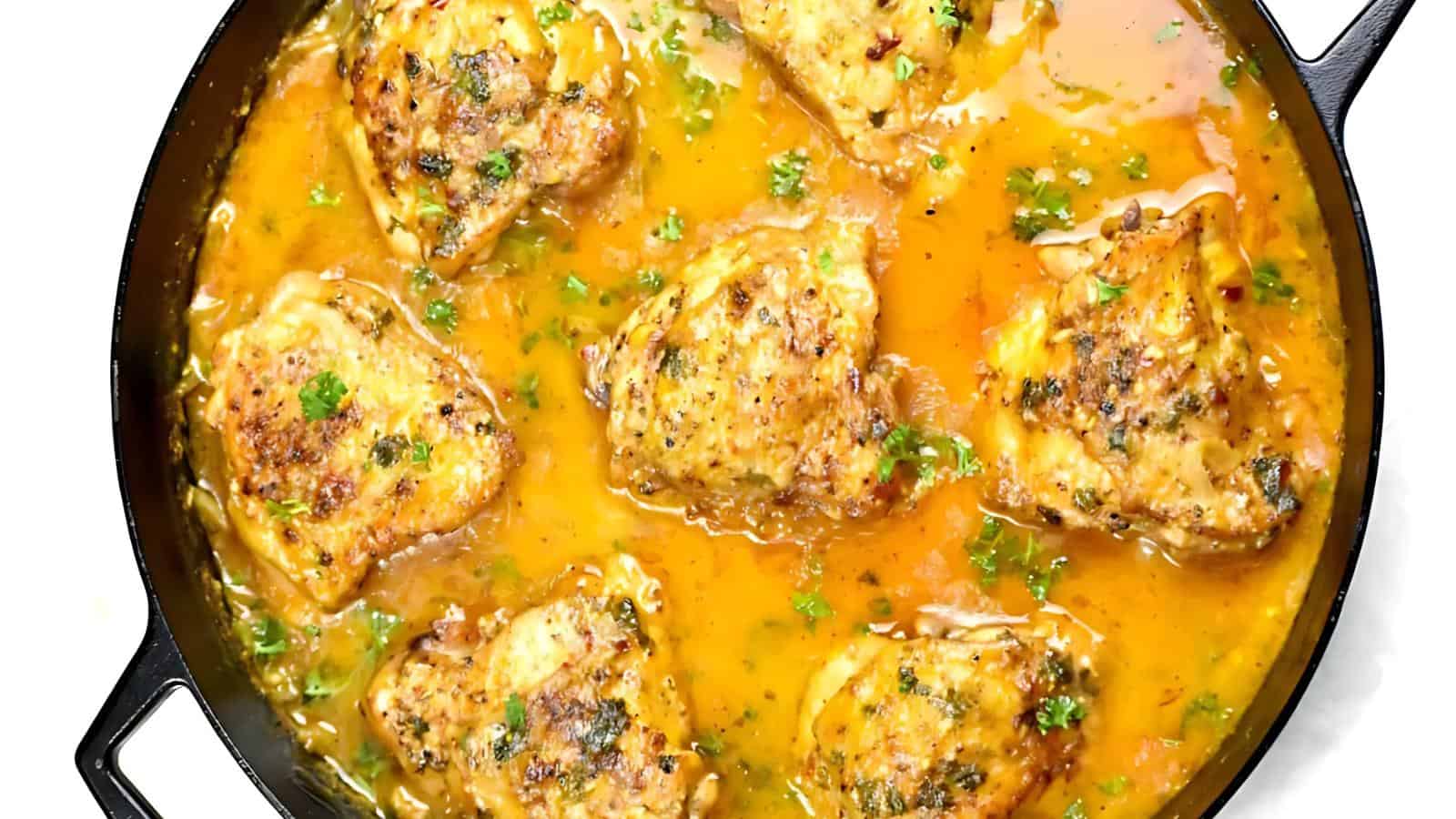 A pan containing cooked chicken thighs in a yellow sauce, topped with herbs.