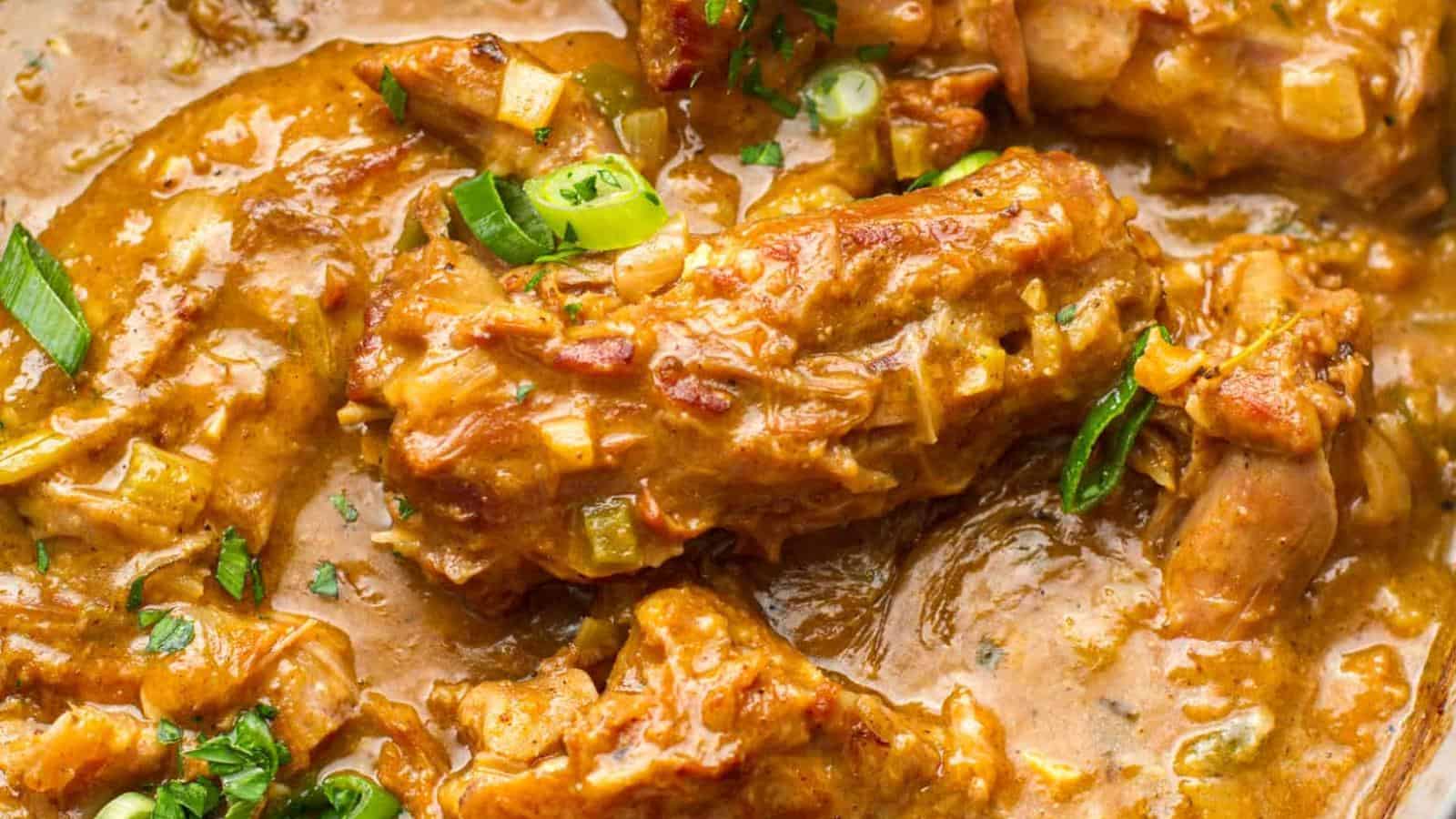 The image features a rich brown meat stew garnished with sliced green onions and herbs.