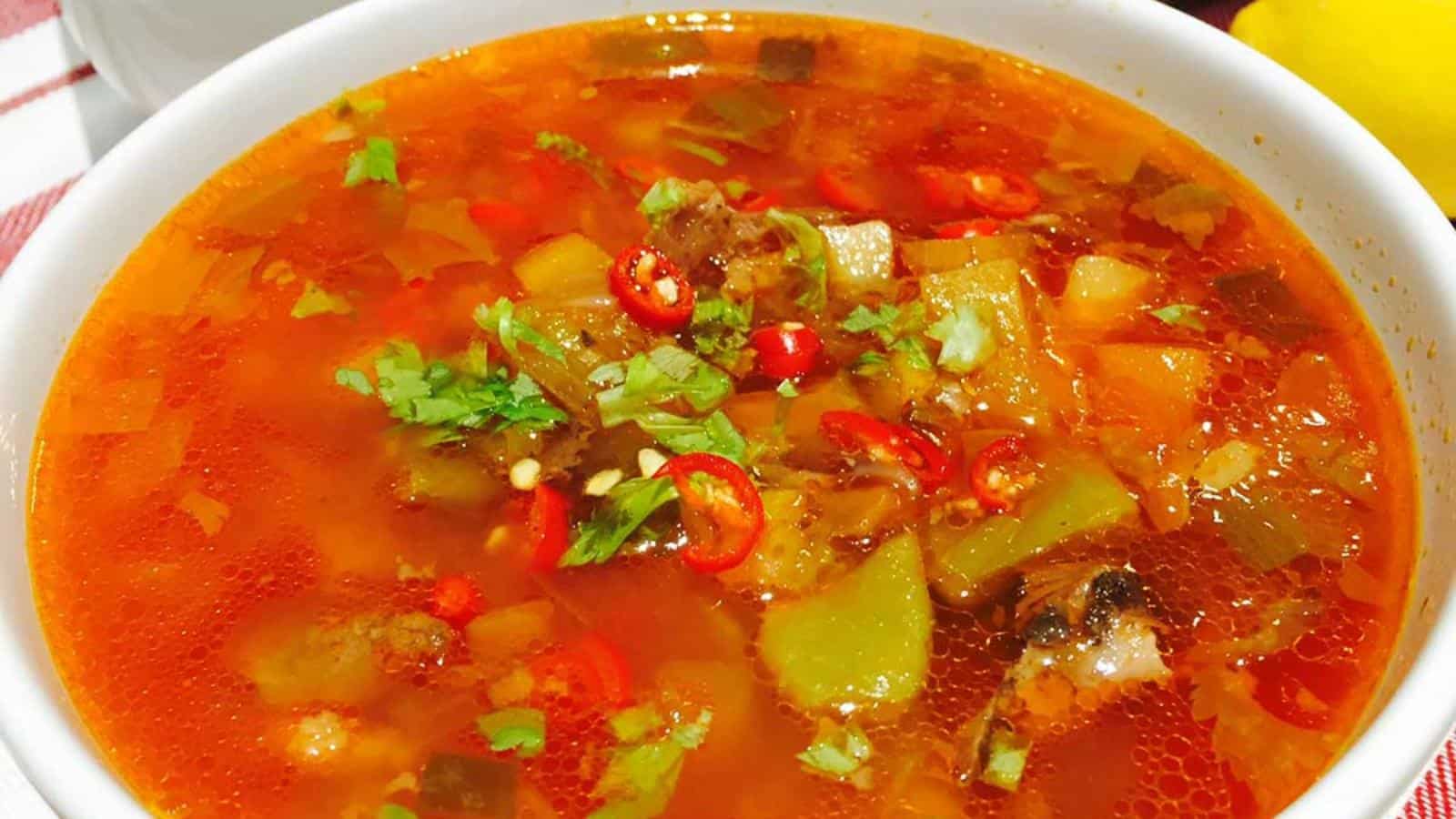 A bowl of vibrant red soup garnished with fresh cilantro and sliced red peppers. The soup contains various vegetables and chunks of meat, creating a rich and hearty appearance. The background features a lemon and a checkered cloth.