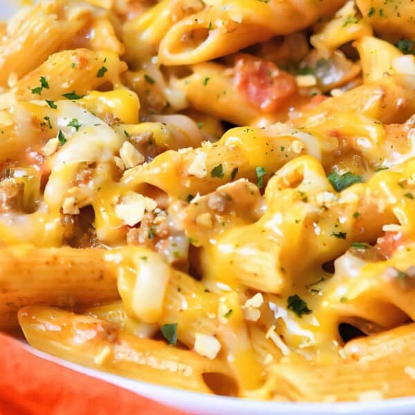 The image shows a close-up of penne pasta mixed with ground meat, covered in melted cheese. There are visible pieces of tomato and a sprinkle of herbs on top.