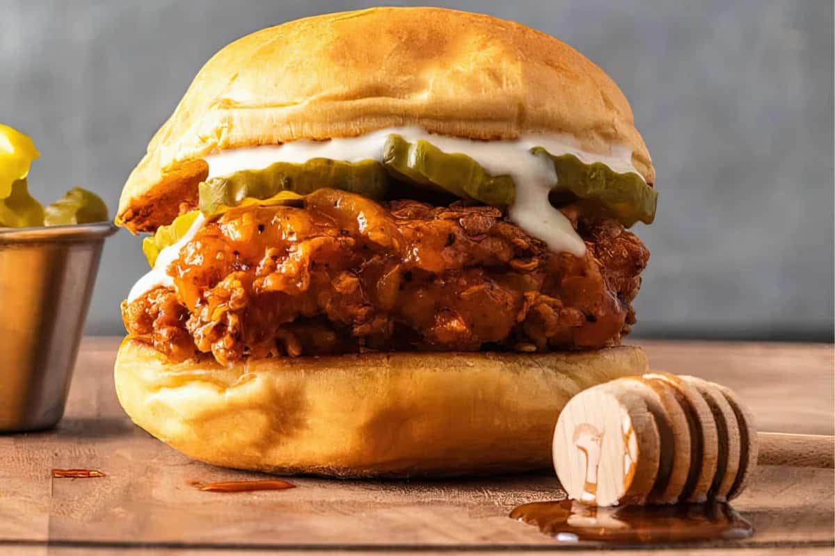 A fried chicken sandwich with pickles, creamy sauce, and a drizzle of honey on a bun sits on a wooden surface. A small container of pickles is nearby.